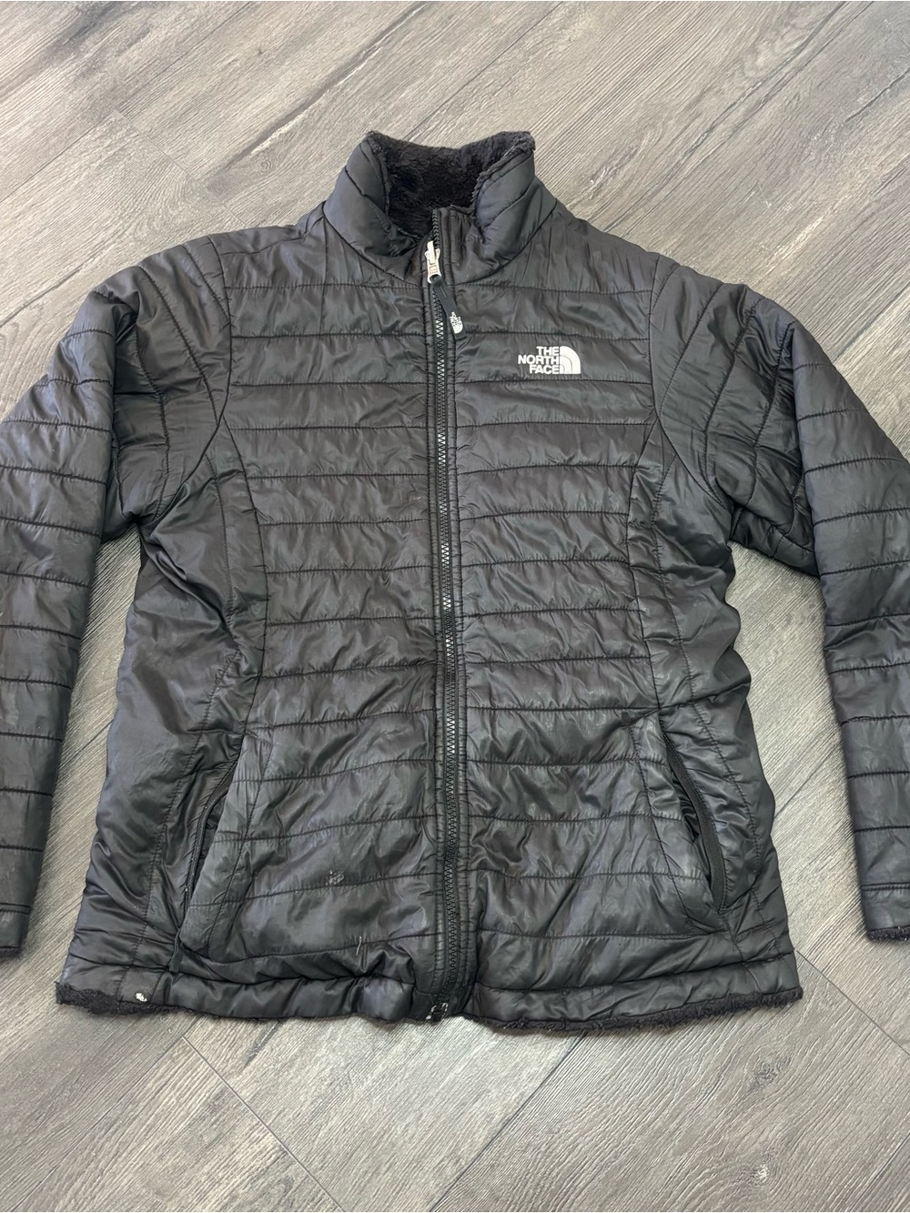 The North Face Girls Mossbud Swirl Reversible Jacket Black XL 18 Fleece Quilted